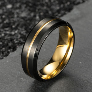 Men's Two-Tone Titanium Steel <b>Ring</b> Black And Gold Brushed Beveled Geometric Design Fashion Jewelry Gift - Product Image 3