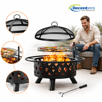 Brasero d'extérieur rond en fer à bois avec grille pivotante à découpe diamantée, écran anti-étincelles en maille et pioche à feu