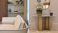 Table console en or de luxe |   Design moderne avec base en acier inoxydable titane et plateau en pierre frittée pour salon, villa, hôtel