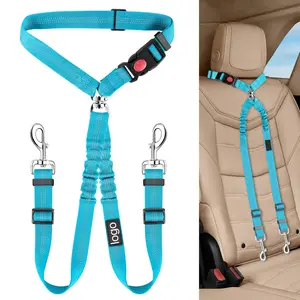 Sabuk pengaman sandaran kepala mobil hewan peliharaan ganda baru tali anjing pengaman tugas penyesuaian elastis Bungee Harness dalam perjalanan untuk 2 anjing