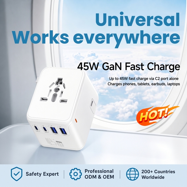 Multi-color 45W GaN Universal Adapter Socket 2USB-A 2USB-C 2500W 100-250V All in One Worldwide Power Plug for Business Travel