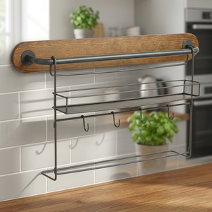 Living Room Wall Storage Flower Pot <b>Rack</b> with Cup Hooks Eco-Friendly Iron & Wood - Product Image 3