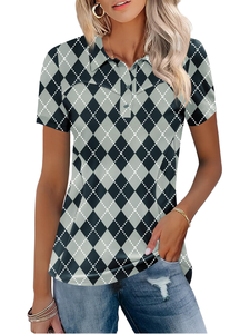 Polo pour femme à motif Argyle, manches courtes, décontracté, respirant, en polyester tissé - Product Image 1