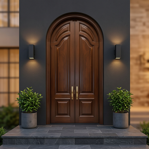 Meubles de maison, porte d'entrée double en bois massif avec dessus arrondi, porte extérieure en bois cintrée avec isolation phonique - Product Image 3