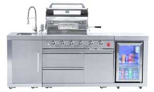 Cuisine extérieure, îlot de barbecue avec <span class=keywords><strong>four</strong></span> à pizza, évier, réfrigérateur, portes - Modulaire, acier inoxydable 304, armoires modernes - Product Image 5