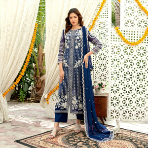 Traje de Algodón Azul Marino Bordado para Mujer con Dupatta, Atuendo Tradicional Indio-Pakistaní, Ropa Casual, Corte Holgado, Largo hasta el Tobillo - Product Image 1