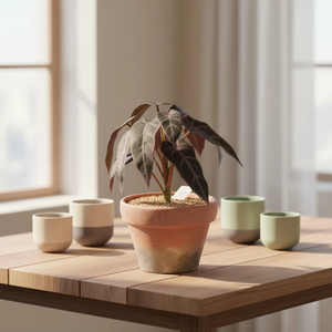 Plante artificielle Alocasia à écailles de dragon en pot en terre cuite, faux feuillage violet variegé, décoration pour la maison, le bureau, la table, l'étagère - Product Image 2