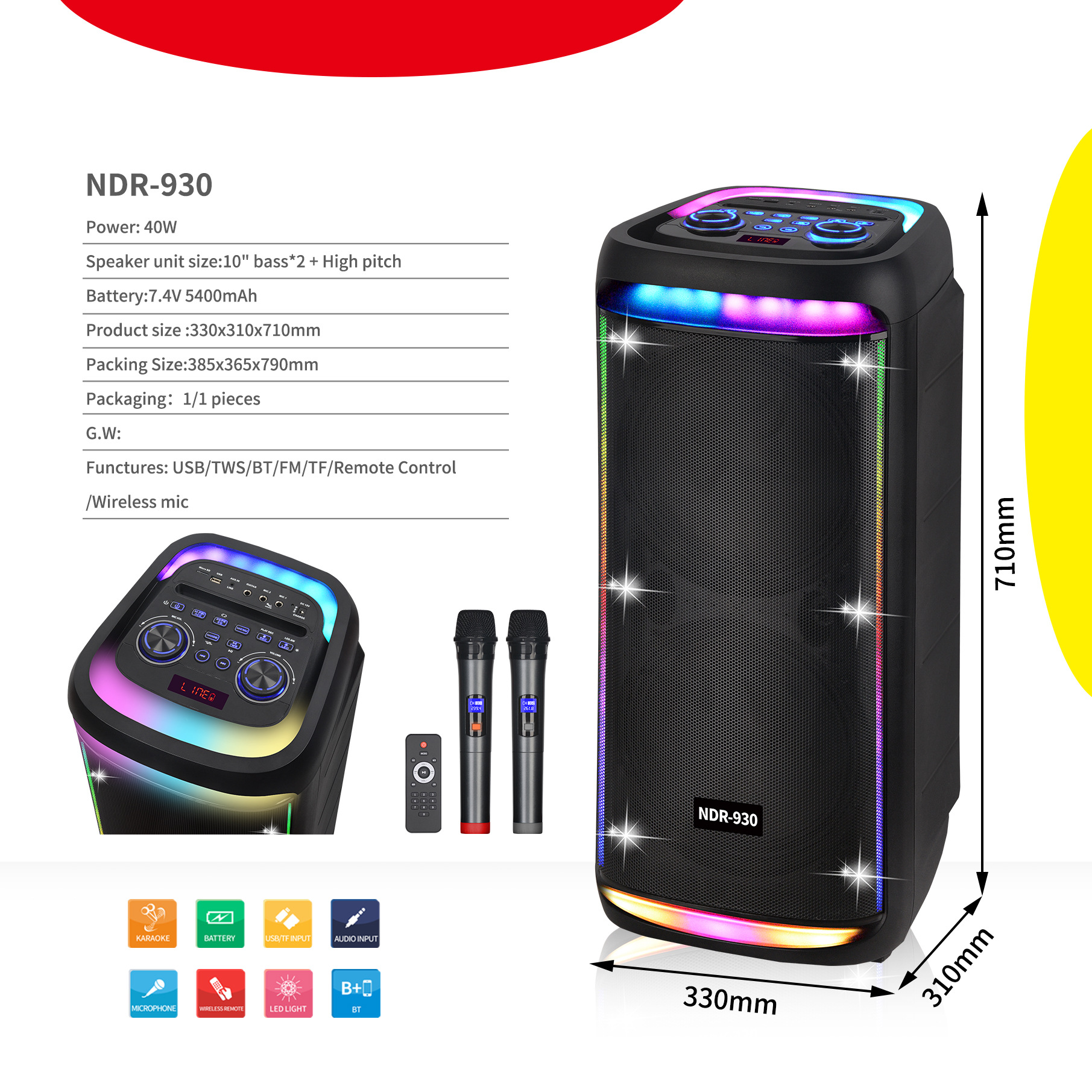 NDR-930 Portable Wireless Party Speaker - Loud Sound Box with Mic
