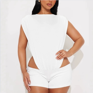 Elegante Europeanstyle Crossover Double Side Hollow Jumpsuit & Tight Fitness Shorts Conjunto de dos piezas para mujeres - Product Image 2