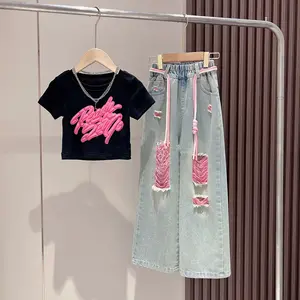 Hot selling girl's clothing graffiti short sleeve t-shirt+colorful denim ripped pants set children's summer clothes set