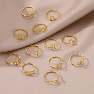 Wholesale Classic Open Horoscope Finger Rings 18K Gold Plated Stainless Steel Hollow 12 Star Signs Symbol Rings