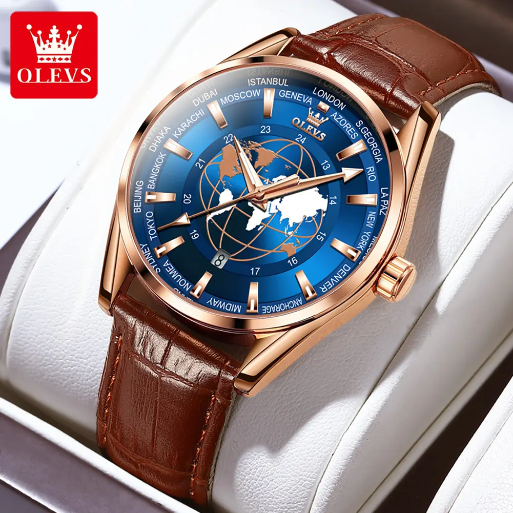 OLEVS 9926 Mens Leather Globe world map Watch Fashion Luxury Dress Quartz Wristwatches Bracelet Earth Casual Watch Clock