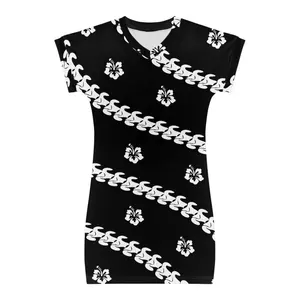 Vestido de manga corta para niñas, vestido de diseño personalizado con estampado Hawaiano para niñas, venta al por mayor, vestido de poliéster con cuello en V para jóvenes