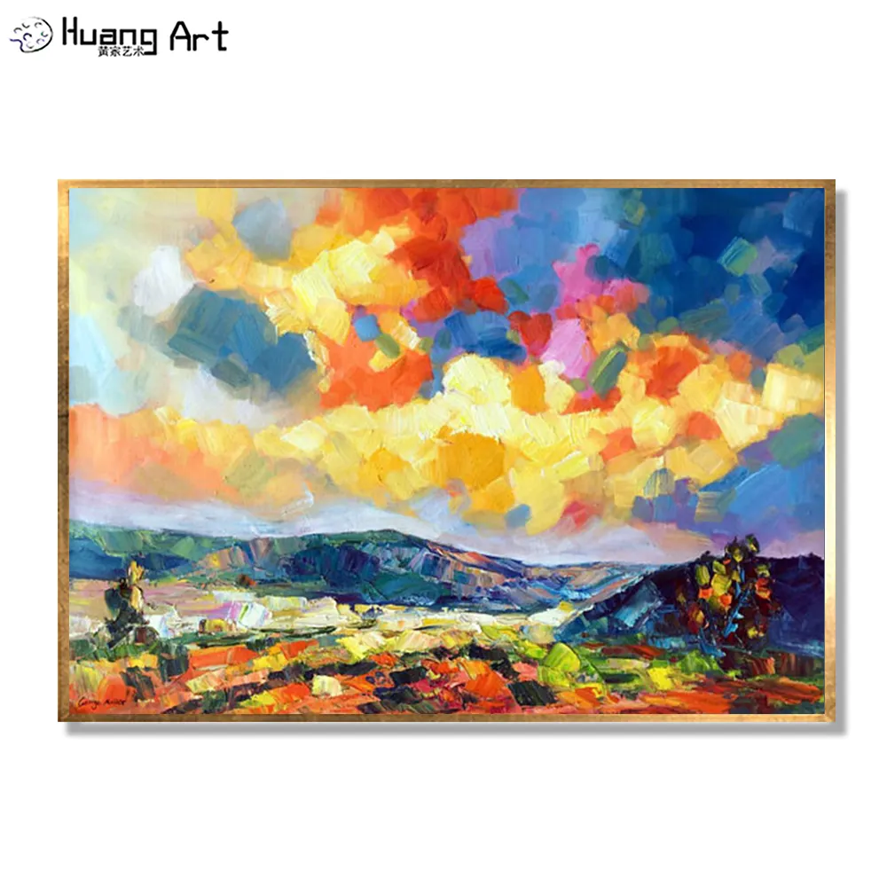 Pure Hand-painted Modern Colorful Sky Landscape Oil Painting on Canvas Handmade Bright Color Abstract Landscape Knife Painting