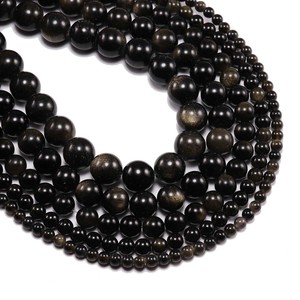 Perles d'obsidienne naturelle rondes noires et dorées pour la fabrication de bijoux, accessoires DIY en gros - Product Image 1