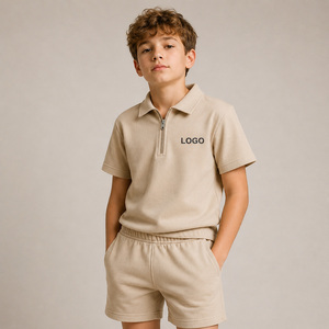 Ensemble <span class=keywords><strong>polo</strong></span> court à demi-zip pour enfants avec logo personnalisé, en molleton bouclette, tenue d'été 2 pièces pour garçons, vêtements pour enfants OEM/ODM, vente en gros - Product Image 2