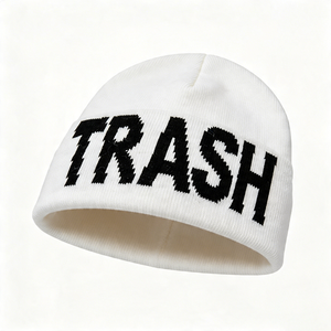 White TRASH Letter Jacquard Knit Beanie-Unisex Streetwear Winter Skull <b>Cap</b> with Common Fabric Travel Ready Custom Logo Wholesale - Product Image 3