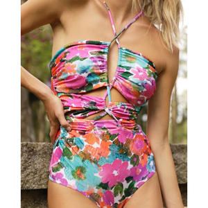 Maillot de bain une pièce Rose rouge fleuri avec bretelles ras-du-cou et jupe, tenue de plage dos nu, nouvelle collection <span class=keywords><strong>2022</strong></span> - Product Image 1
