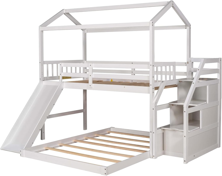 House Bunk Bed with Slide and Roof, Solid Wood Twin Over Twin Bunk Bed ...