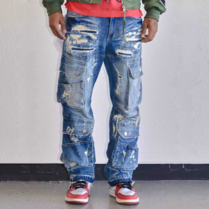 New Style Streetwear 2025 Custom <strong>Jeans</strong> Men'S Clothing Fashion Ripped Patch Men <strong>Jeans</strong> Utility Cargo Denim <strong>Pants</strong> - Product Image 1