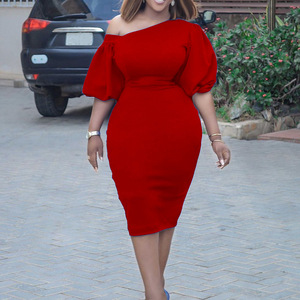 D218 Mới Thời Trang Mùa Hè Văn Phòng Phụ Nữ Sự Nghiệp Dresses Puff Tay Áo Bút Chì <span class=keywords><strong>Midi</strong></span> Dress Off Vai Cộng Với Kích Thước Phụ Nữ Quần Áo Ăn Mặc - Product Image 2