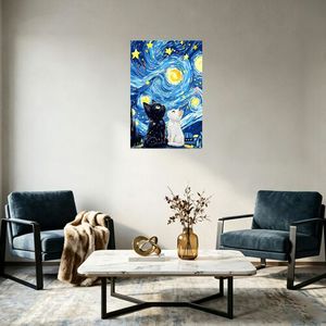 Tableau mural moderne rectangulaire sans cadre, motif animaux et fleurs, toile imprimée sur toile, motif chats nuit étoilée, cadre beige minimaliste, pour mariage - Product Image 4