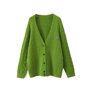 Cárdigan Verde con Cuello en V, Tejido de Cable y Bordado para Mujer, Talla Grande N9042, Estilo Casual Otoñal, Chaqueta de Punto - Product Image 1