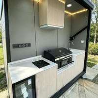 Cabine de cuisine mobile modulaire d'extérieur, kiosque BBQ intelligent, centre de cuisson 6-en-1 avec auvent hydraulique rabattable