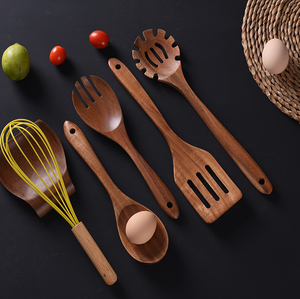 Juego de cucharas y tenedores de madera de teca de bambú ecológico, utensilios de cocina para uso doméstico - Product Image 1