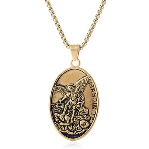 yunnique Stainless Steel Saint Michael Pendant Necklace With <b>Angel</b> Wings Unisex Gift Jewelry Oval <b>Charm</b> - Product Image 4