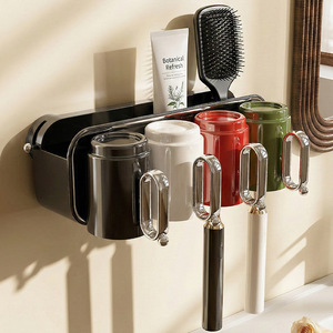 Suction Cup Toothbrush And Mouthwash Cup Holder Wall Mounted No Drill For Bathroom Storage With Four Cups Mixed Colors - Product Image 2