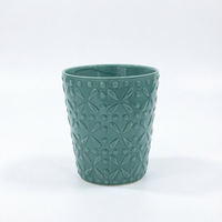 Set 3 Pot Bunga Keramik Teal Mengkilap dengan Motif Bunga Timbul yang Elegan untuk Dekorasi Rumah, Kantor, dan Ruang Tamu
