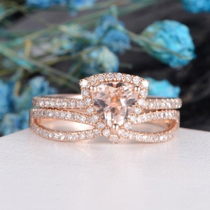 Fashion Jewelry 925 Sterling Silver CZ Halo Morganite Wedding <b>Ring</b> <b>Set</b> <b>for</b> <b>Women</b> - Product Image 1