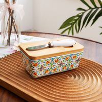 Mantequillera de Cerámica Rústica Creativa con Tapa de Madera Pintada a Mano, Hermética, Estilo Vintage para Cocina
