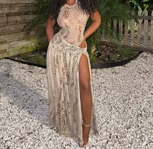 Viviblook J26ST091 New Women Summer Skirt <b>Set</b> Snake Print Sleeveless Bodysuit Maxi Slit Skirt Two Piece <b>Set</b> - Product Image 1