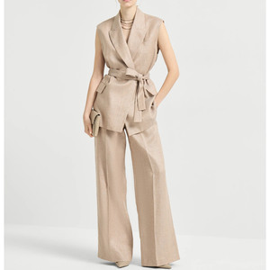 Blazer formal de lino/algodón tejido de lana para mujer, diseño con cinturón, traje elegante y noble para mujer - Product Image 1