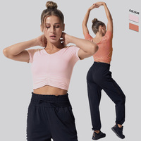Conjunto de Yoga para Mujer con Logotipo Personalizado, Top Corto de Manga Corta de Poliéster y Spandex, Pantalones Jogger Holgados de Cintura Alta, Conjunto de 2 Piezas