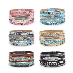Pulsera de Cuero con Plumas y Turquesa Estilo Bohemio para Mujer, Creativa, Vintage, con Cierre Magnético - Product Image 2