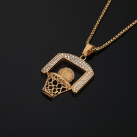 Collar con colgante de aro de baloncesto de acero inoxidable dorado con circonitas, cadena tipo caja, joyería deportiva para hombres y mujeres, venta al por mayor, OEM, regalo