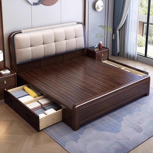 Lit en bois massif en cuir véritable de 1,8 m, lit double rembourré de 1,5 m, style chinois moderne, avec coffre de rangement haut, lit de chambre à coucher - Product Image 2