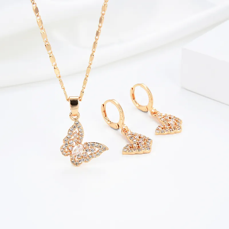 Butterfly Pendant Necklace Earrings Champagne Gold Zircon Drop Earrings Jewelry Set Women Wedding Jewelry