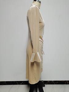 <span class=keywords><strong>Vestido</strong></span> <span class=keywords><strong>Midi</strong></span> Casual de Verano para Mujer, Tejido Ecológico, Cintura Natural, Cuello Redondo, Manga Larga, Color Champán, en Oferta - Product Image 3