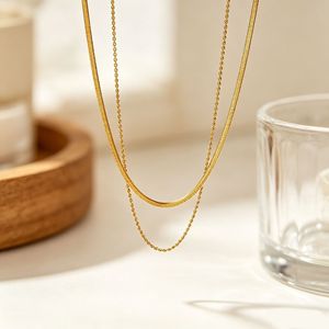 Collier double couche en alliage de zinc couleur or acier, design géométrique, mode décontractée - Product Image 2