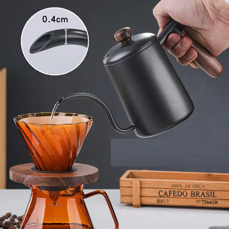 स्टेनलेस स्टील हाथ कॉफी पॉट लकड़ी संभाल पैमाने के साथ संकीर्ण-billed ड्रिप-प्रकार कॉफी वेयर