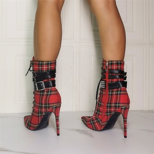Big Size 47 New Arrivals Plaid Pattern Ankle Buckle Strap Pointed Toe Women Ankle Boots Thin High <b>Heel</b> Short Booties for Ladies - Product Image 5