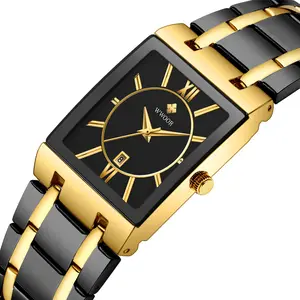 WWOOR新しいバンドステンレス鋼防水腕時計セットブランドラグジュアリーゴールドブラッククォーツミニマリストスクエアクロック日付時計