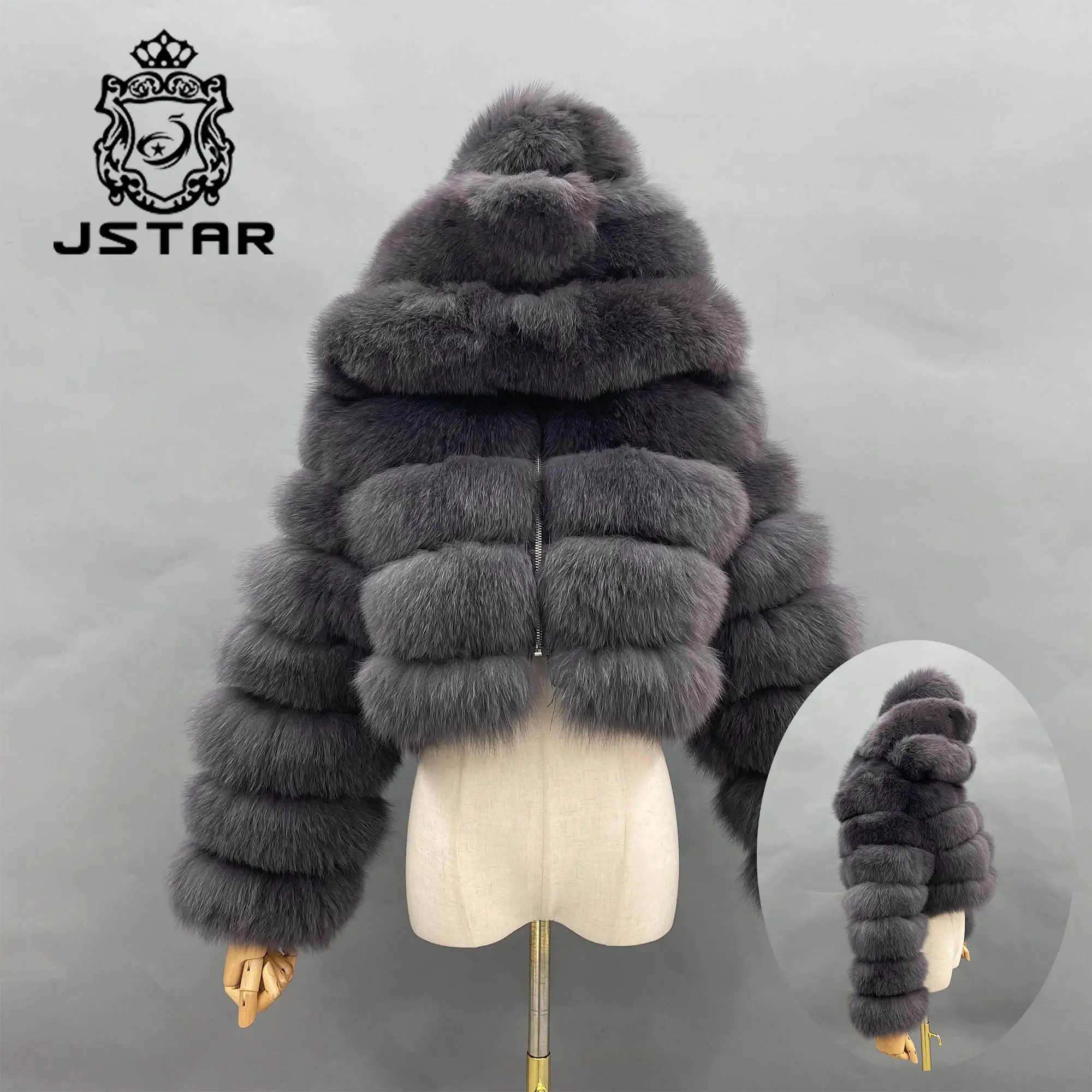 Jstar теплая зимняя женская меховая куртка, одежда, короткая молния, кроп-пальто из натурального Лисьего меха, натуральная меховая верхняя одежда с капюшоном