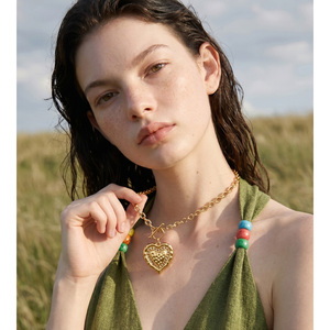 JINYOU 5834 Chunky Stainless Steel Hammered Heart Pendant <strong>Necklace</strong> Vintage <strong>Toggle</strong> Clasp T-Bar Gold Plated Jewelry <strong>Necklace</strong> - Product Image 3