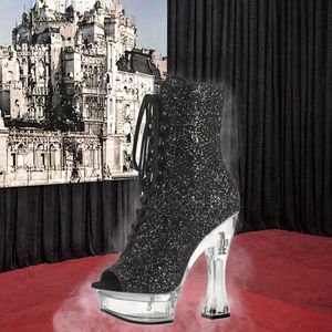 Crystal 14cm Thick <b>Heel</b> Gold Front Lace-Up Ankle High-Heeled <b>Short</b> <b>Boots</b> Autumn Queen Shoes for Model Walk Show - Product Image 3