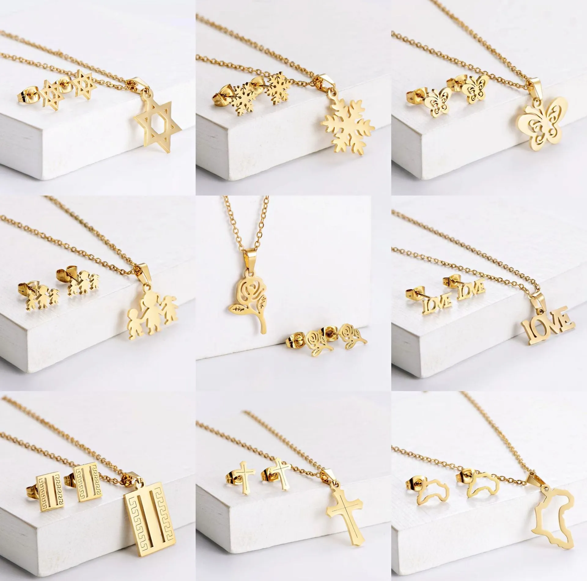 Set Perhiasan mode baja tahan karat 2023, set kalung dan anting-anting choker kupu-kupu hati emas 18k minimalis untuk hadiah